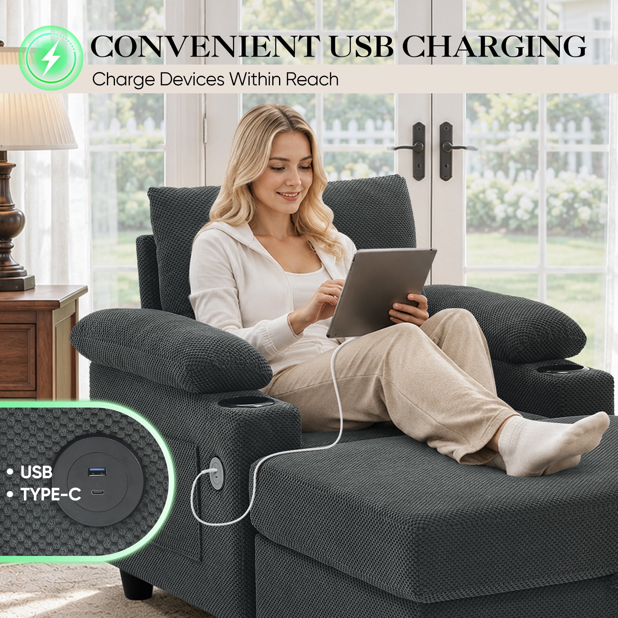 Lunale Accent Chair with Storage Ottoman & Adjustable Backrest, Chaise Lounge Chair Indoor with USB, Living Room Reading Armchair, Gray