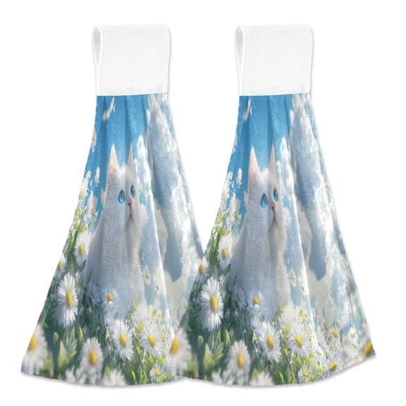 BZSMCE Hanging Hand Towels Fashion White Cat in Daisy Field Pattern 2-Pack - Velcro Style Bathroom Kitchen Towels