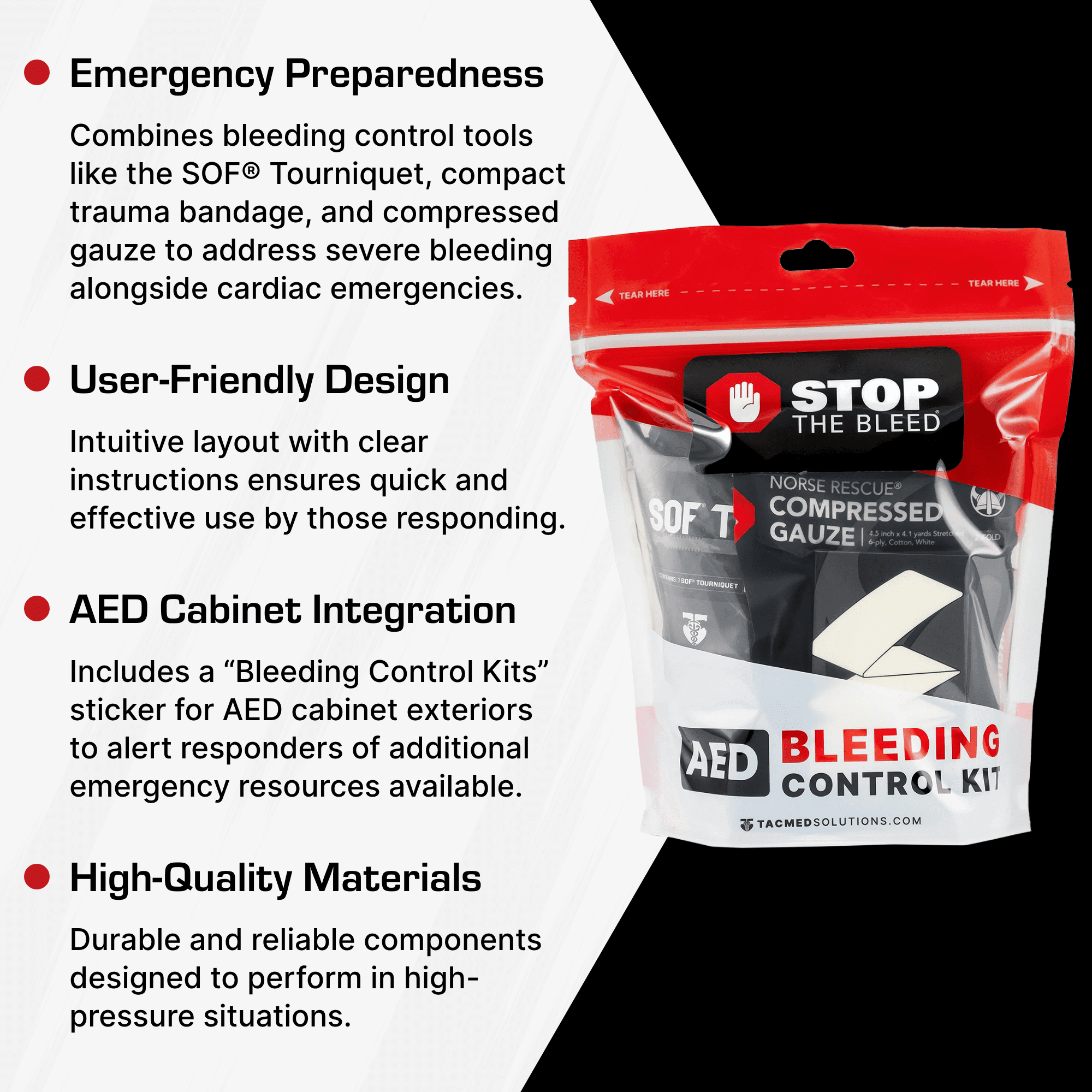 Stop The Bleed AED Kit Plastic Pouch, Complete Hemorrhage Control, Essential First Aid for Schools, Workplaces, and Public Spaces, TacMed Solutions
