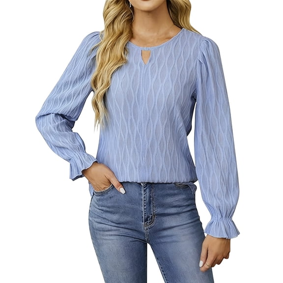 Lenpel Blouses for Women Dressy Casual Ruffle Long Sleeve Crew Neck Cut out Textured Business Work Shirts Loose Tunic Tops(Light Blue,X-Large)
