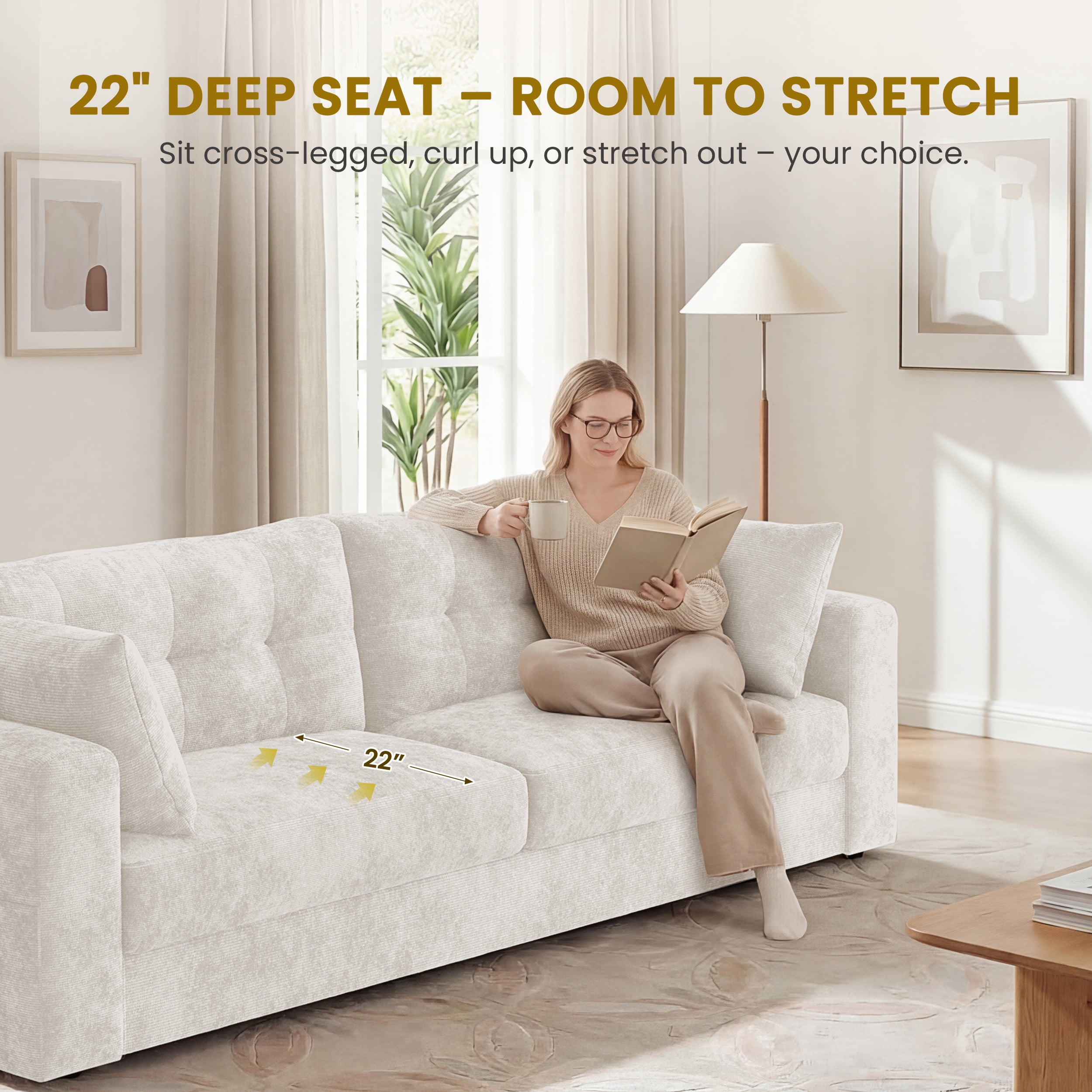 WISHEAD 87" Large 3 Seater Sofa Couch for Living Room, Office, Oversized Couches with Extra Deep Seat, USB Charging Port, 2 Pillows, Beige