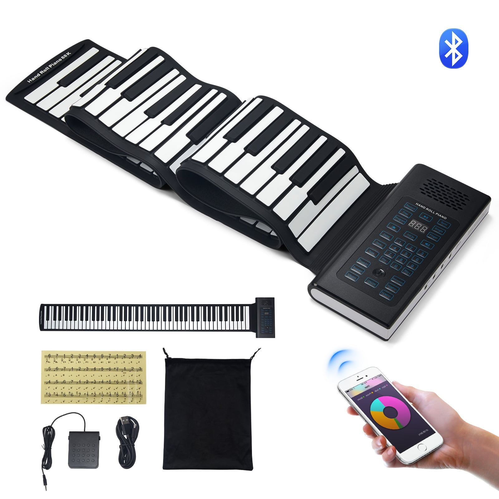 KFFKFF Roll-Up Keyboard Piano with 88 Keys, 128 Unique Rhythms and Tones, Compact Electric Digital Hand Roll Piano, Comes with Rechargeable Battery, 2W Speaker, LED Display, 5 Ports, and MIDI Functio