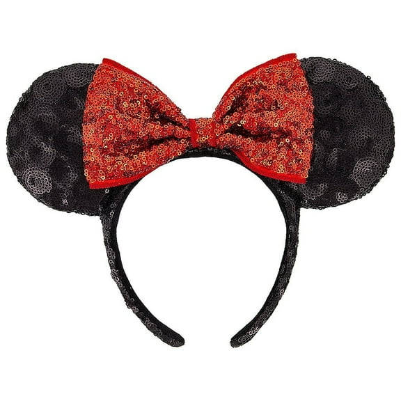 Disney Parks Minnie Ears Headband, with Black Sequins with Red Shimmer Satin Bow