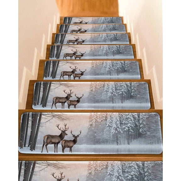 Christmas Elks Stair Treads for Wooden Steps Indoor Runner Rug Carpet,Winter Snowy Forest Sunset Natural Scenery 10 Pieces Peel and Stick Staircase Step Treads Covers Washable Throw Door Mats,30"x8"