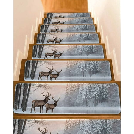Christmas Elks Stair Treads for Wooden Steps Indoor Runner Rug Carpet Winter Snowy Forest Sunset Natural Scenery 15 Pieces Peel and Stick Staircase Step Treads Covers Washable Throw Door Mats 30 x8