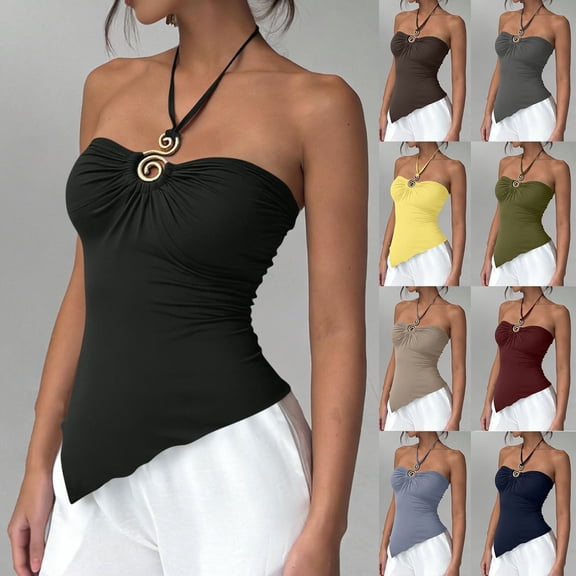 Women's Sleeveless Halter Tops 2026 Summer Ruched Ring Solid Tank Tops, Asymmetrical Handkerchief Hem Slim Fit Backless Going Out Blouse Party Clubwear Vacation Outfits