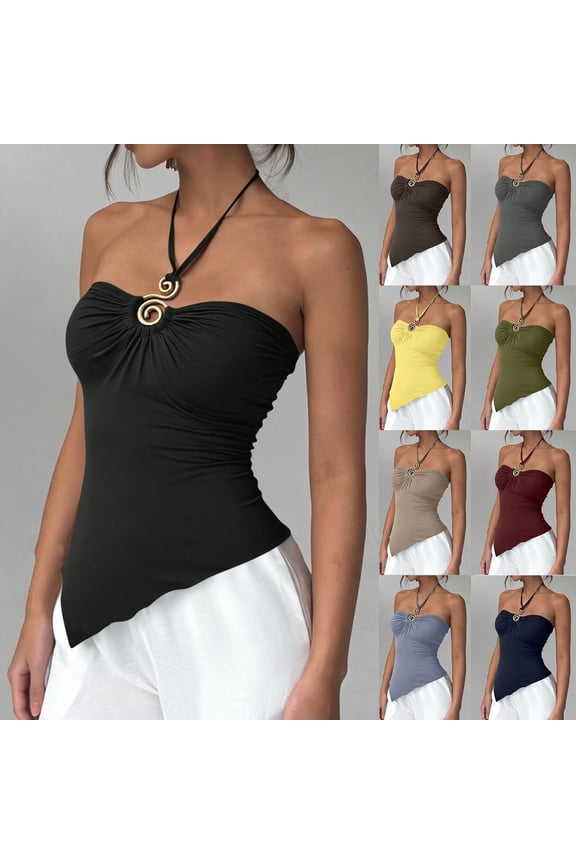 Halter Neck Asymmetric Hem Tops for Women Ruched Detail Solid Color Sleeveless Slim Fit Blouses Casual Trendy Elegant Party Wear Tube Top Yellow XXL