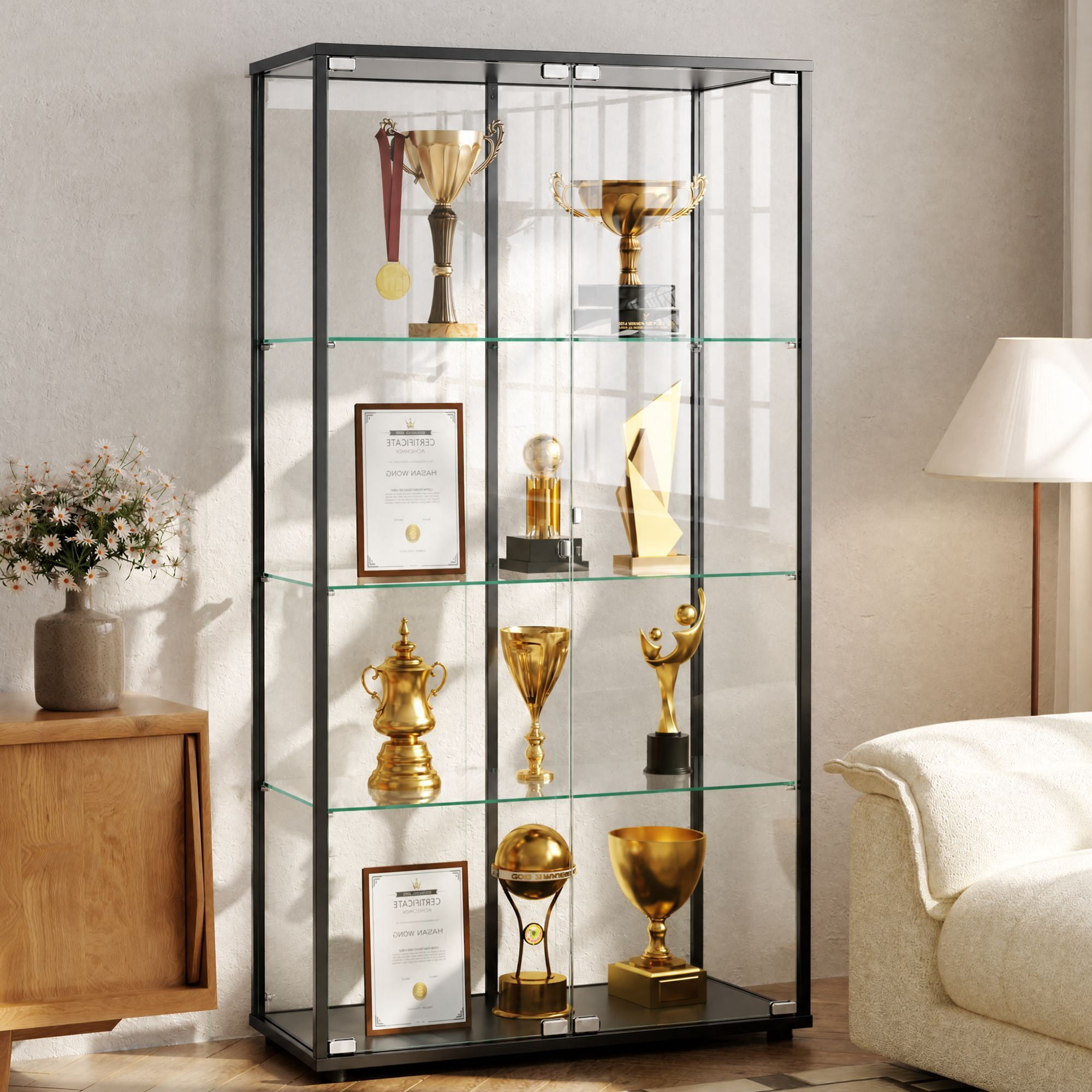 Clarvion 66" Display Cabinet with Glass Door, 4-Tier Tempered Glass Curio Cabinet, Double Door Display Case for Collectibles, Black