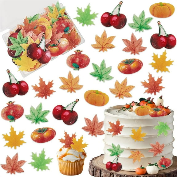 Duslogis 74pcs Edible Fall Leaves Cake Decorations Pumpkin Cupcake Toppers Autumn Cupcake Topper Fall Themed Cake Decor Wafer Paper Gold Maple Leaf for Birthday Thanksgiving Party(Style 3)