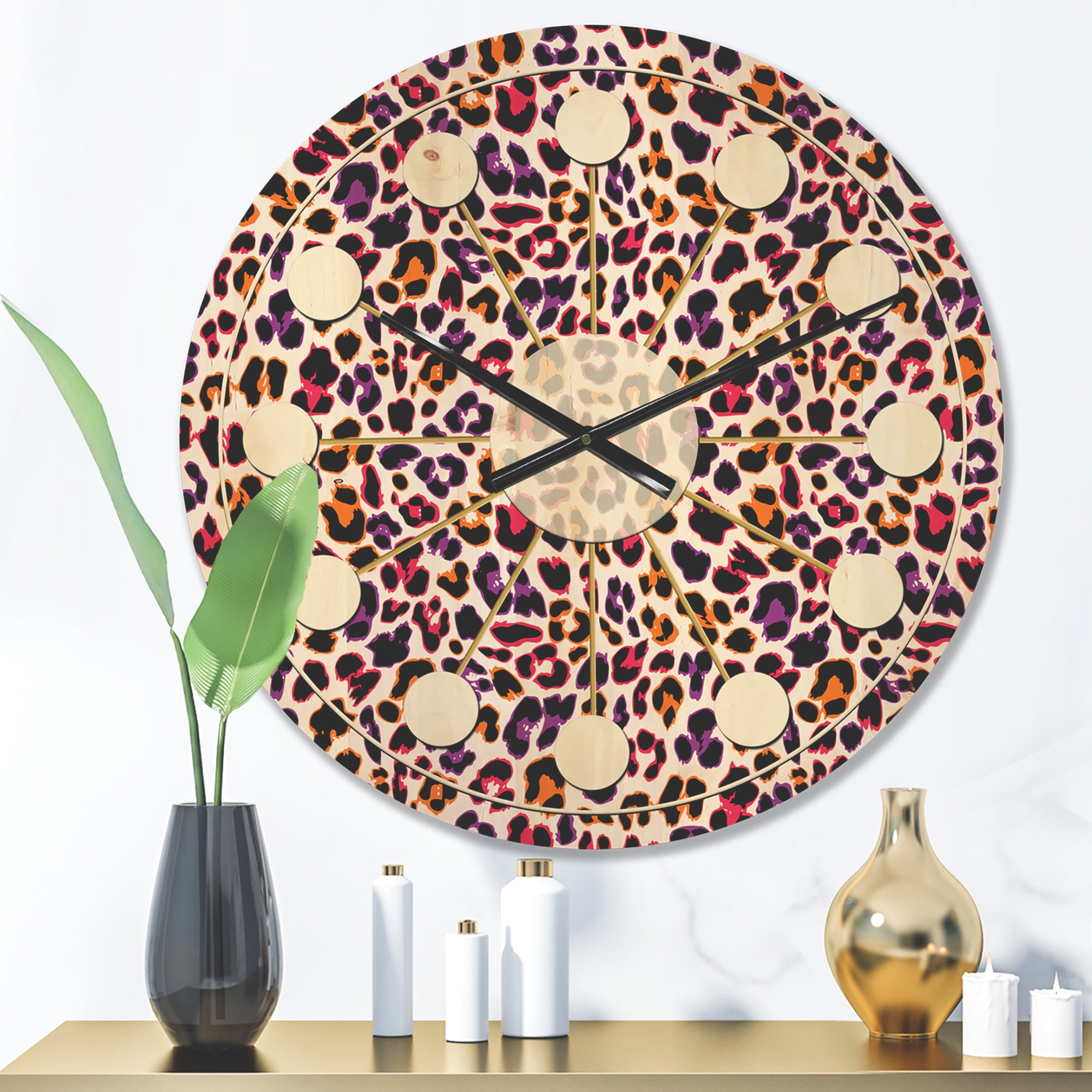 Designart 'Leopard Fur Safari Pattern VII' Mid-Century Modern Wood Wall Clock