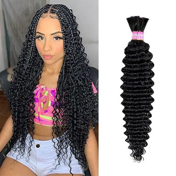 Ali Pearl Hair Extension Deep Wave Bulk Human Hair No Weft For Knotless Boho Braiding Unprocessed Human Hair Micro Braids Extension For Black Women Two Bundles (20 Inches,Natural Black)