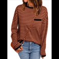 thumbnail image 1 of Suéter de Punto Suave A Rayas para Mujer, Camisa Holgada con Bolsillo en el Pecho. Marrón Oscuro XXL, 1 of 5
