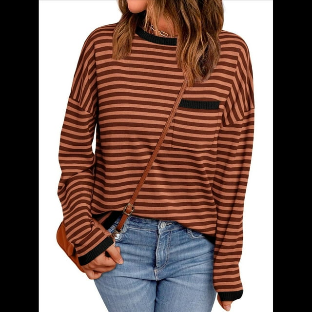Suéter de Punto Suave A Rayas para Mujer, Camisa Holgada con Bolsillo en el Pecho. Marrón Oscuro XXL