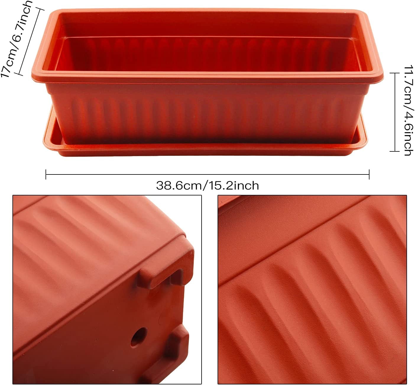 3 Pack Plastic Window Box Planters, 17 inches Rectangular Window Planters Plant Boxes Planter Flower Containers with Tray for Balcony, Windowsill, Garden Christmas Decorations (Terracotta)