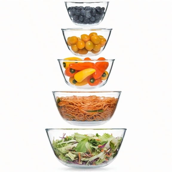 5pc Glass Mixing Bowls Sets 4.65QT 2.80QT 1.64QT 1.16QT 0.85QT Glass Nesting Kitchen Thick Bowl for Baking Cooking Prep Storage Large Salad Bowls Sets-Dishwasher Microwave Freezer Safe