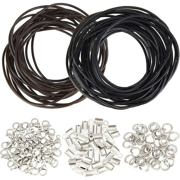 10M Leather Necklace Bracelet Making Kit Genuine Leather Cord 2mm 150Pcs Stainless Steel Jewelry Findings Black Brown Leather Jewelry Rope Leather Cords for Jewelry Making Kits Supplies DIY