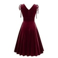 thumbnail image 4 of Bigersell Vintage Cocktail Dresses Women Velvet Sleeveless Double Side V-Neck Retro Cocktail Party Mid-Length Dress Solid Color Wedding Guest Pleated A-Line Midi Dresses Red M, 4 of 5