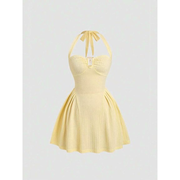 Yellow Womens Halter Neck Ruched Front Cinched Waist A-Line Short Dress With Textured Ribbed Fabric