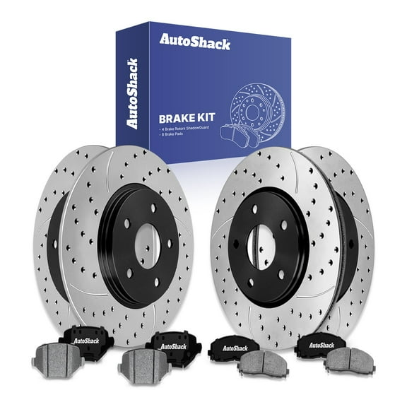 AutoShack Front Vented & Rear Solid Drilled & Slotted E-Coated Brake Rotors   Ceramic Pads 12-PC Brake Kit Replacement for 2015-2016 Chrysler Town & Country ShadowGuard