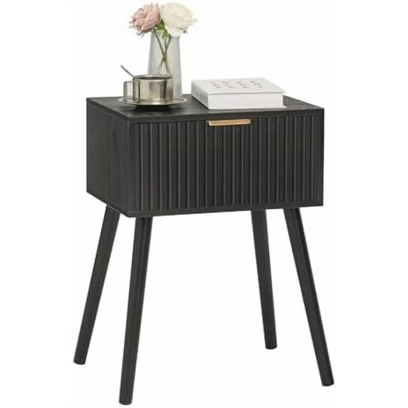 Black Nightstand, Small End Tables Living Room, Accent Bedside Table with Fluted Drawer for Bedroom and Small Space, Black