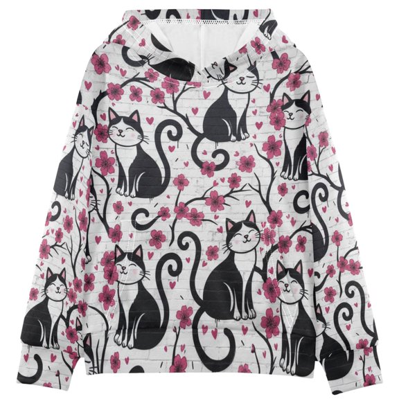 DIXRUYEE Cat Cherry Blossoms Print Hoodie Casual Pullover Sweatshirt With Kangaroo Pocket