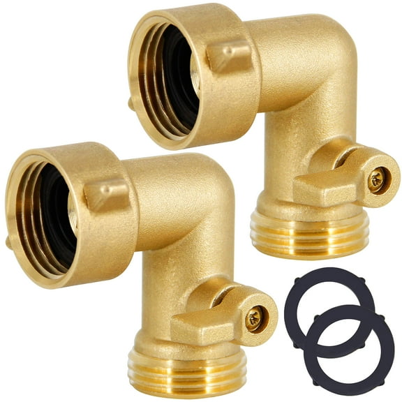 Brass Garden Hose Elbow Connector 90 Degree with Shut Off Valves, 2 Pack, Heavy Duty Solid Brass Adapter for Outdoor Faucet Sprinkler RV Lawn, Gold