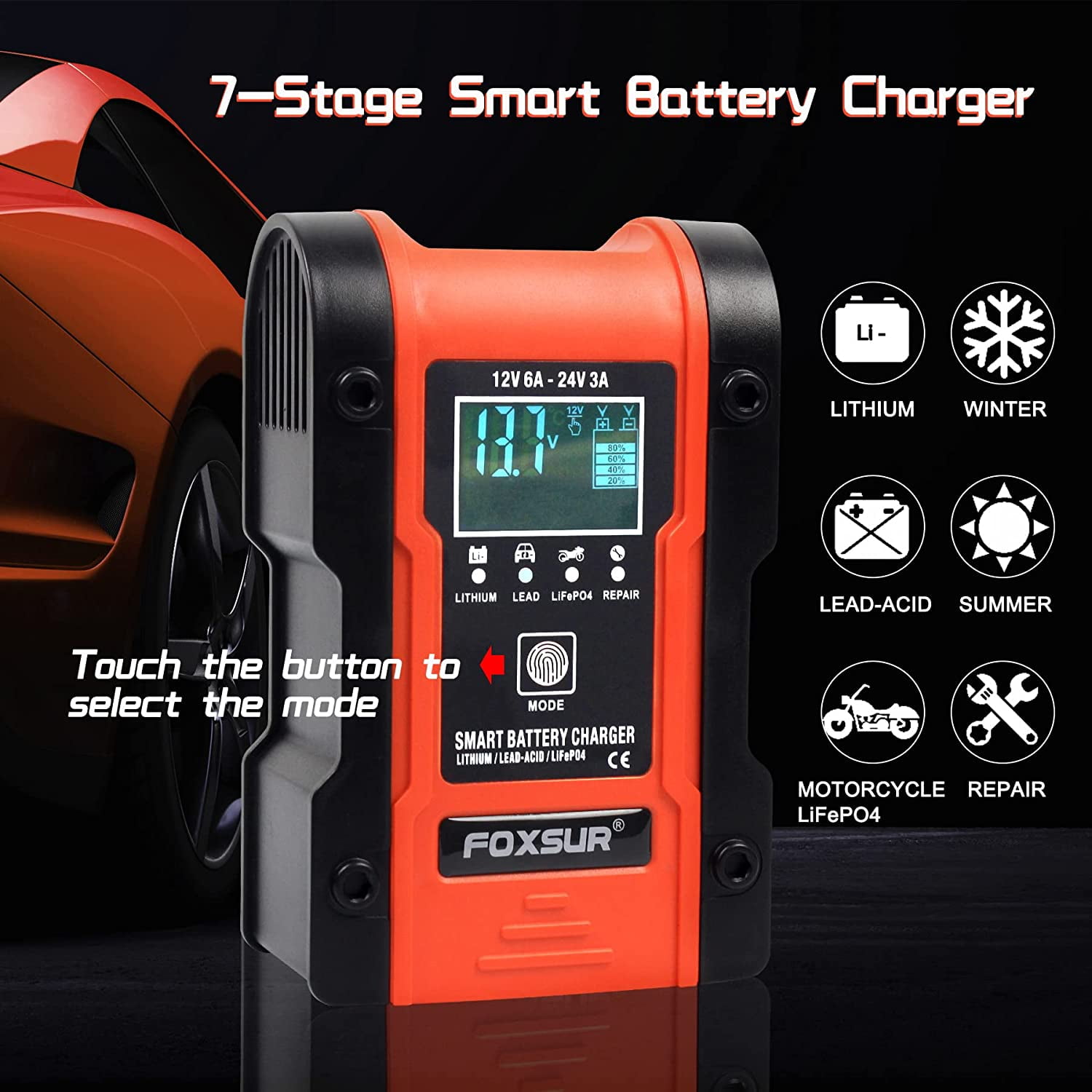 LiFePO4 Battery Lawn Mower Motorcycle Truck Automotive Battery Charger and Maintainer 12V 6A / 24V 3A Smart Battery Charger for Car Lead-Acid Automatic Trickle Charger for Lithium 
