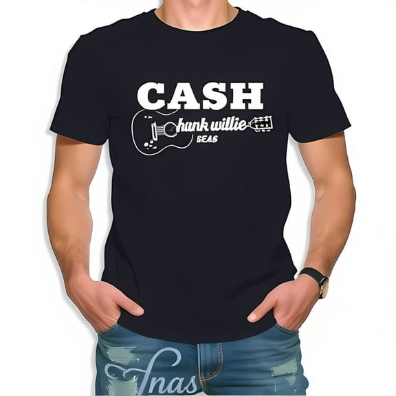 Stylish Cotton Short Sleeve T-Shirt with 'CASH' in Bold White Letters Featuring 'Hank Willie' & 'Seas' with Acoustic Guitar Design - Perfect for Country Music Fans