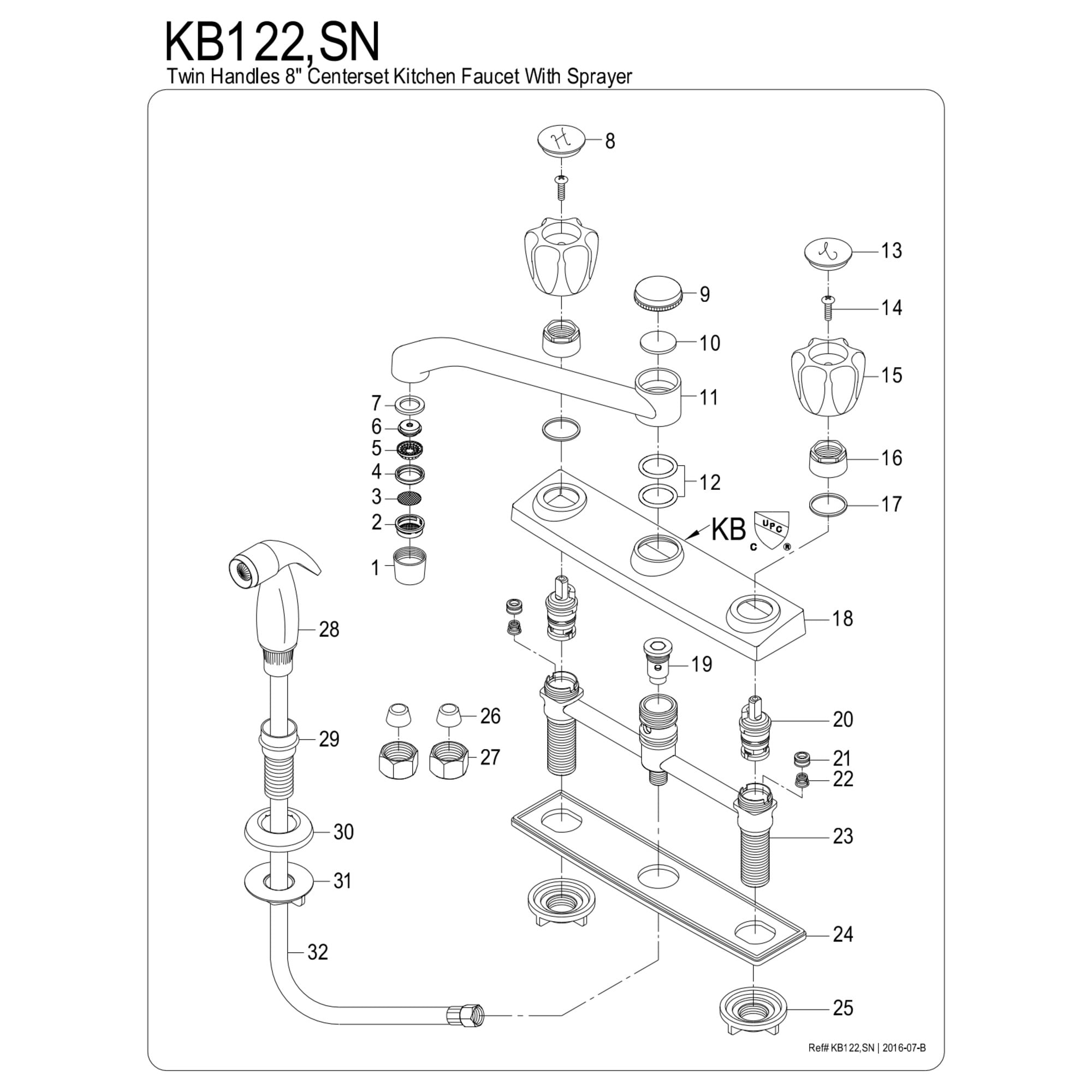 Kingston KB122 Americana Two-Handle 4-Hole 8" Centerset Kitchen Faucet with Side Sprayer in Polished Chrome