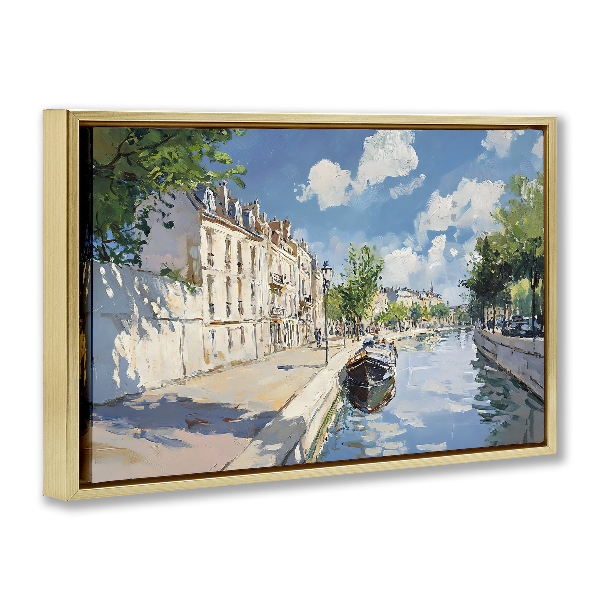 Stupell Industries Boat in Canal Summer Reflection Gold Framed Floater Canvas Wall Art, design by Creative Studio