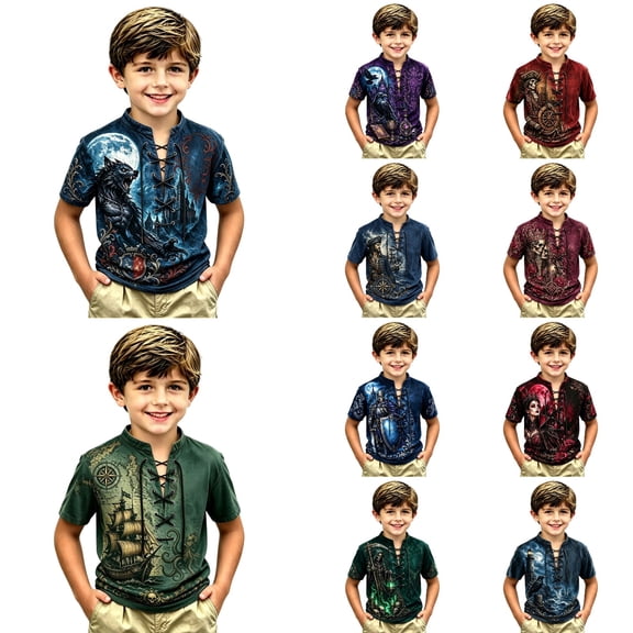 KHONTS Boys Viking Lace up V-Neck T Shirts Short Sleeve 3D Printed Tees,Size 2-13 Years 10-Blue 160