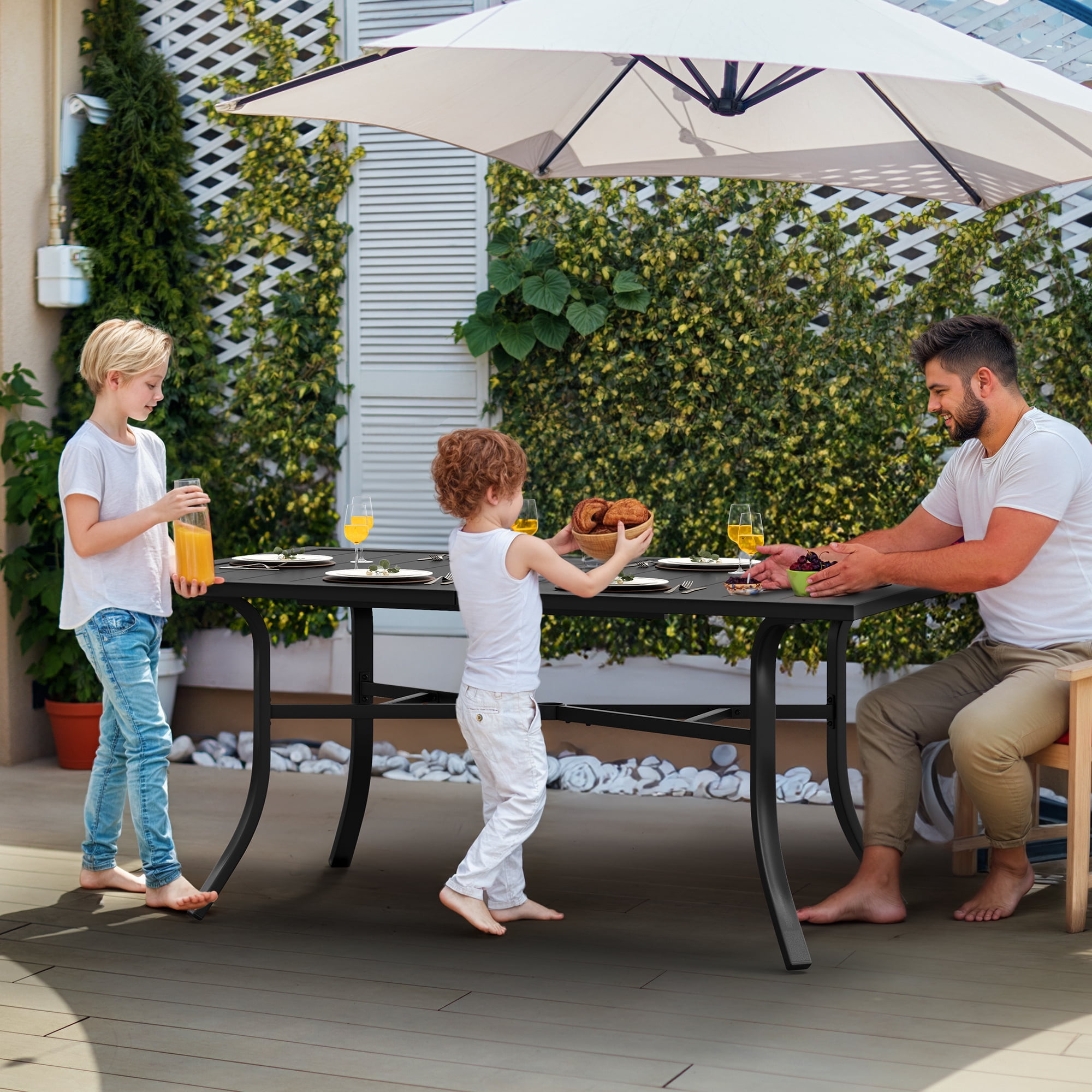 Uforic 59" Outdoor Dining Table for 6, Rectangular Patio Table with Umbrella Hole, E-Coating Metal Table for Backyard Garden, Black
