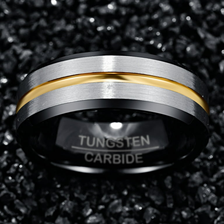 8mm Matte Finish Men's Tungsten Ring Thin gold Line Wedding Band Comfort  Fit Size 6-14 