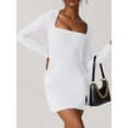 thumbnail image 6 of Douhoow Women MIni Dress Summer Solid Color Long Sleeve Square Neck Split Hem Dress, 6 of 7