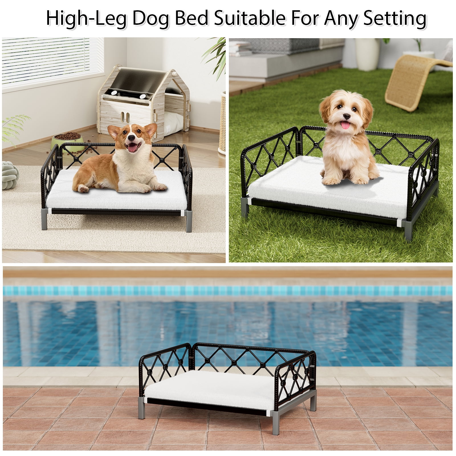 Wallowsun Wicker Dog Bed with 2'' Cushion,Rattan Dog Sofa Bed for Small Medium Dogs– Indoor/Outdoor Metal Frame Pet Bed up 66lbs(Black Rattan White Cushion)