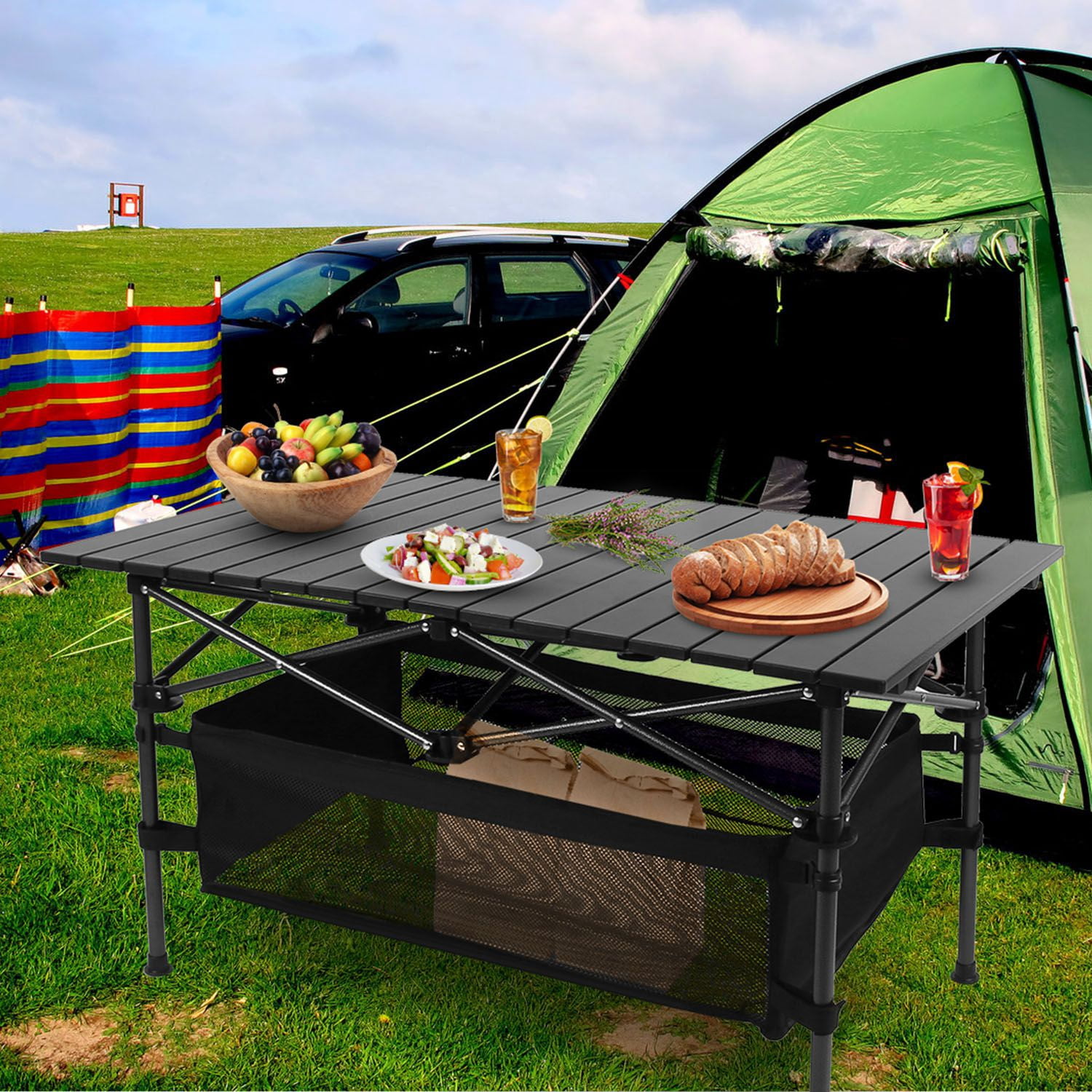 Roll-Up Camping Table Lightweight Aluminum Portable Table with Steel Frame Storage Basket 220lbs Capacity for Outdoor Dining BBQ