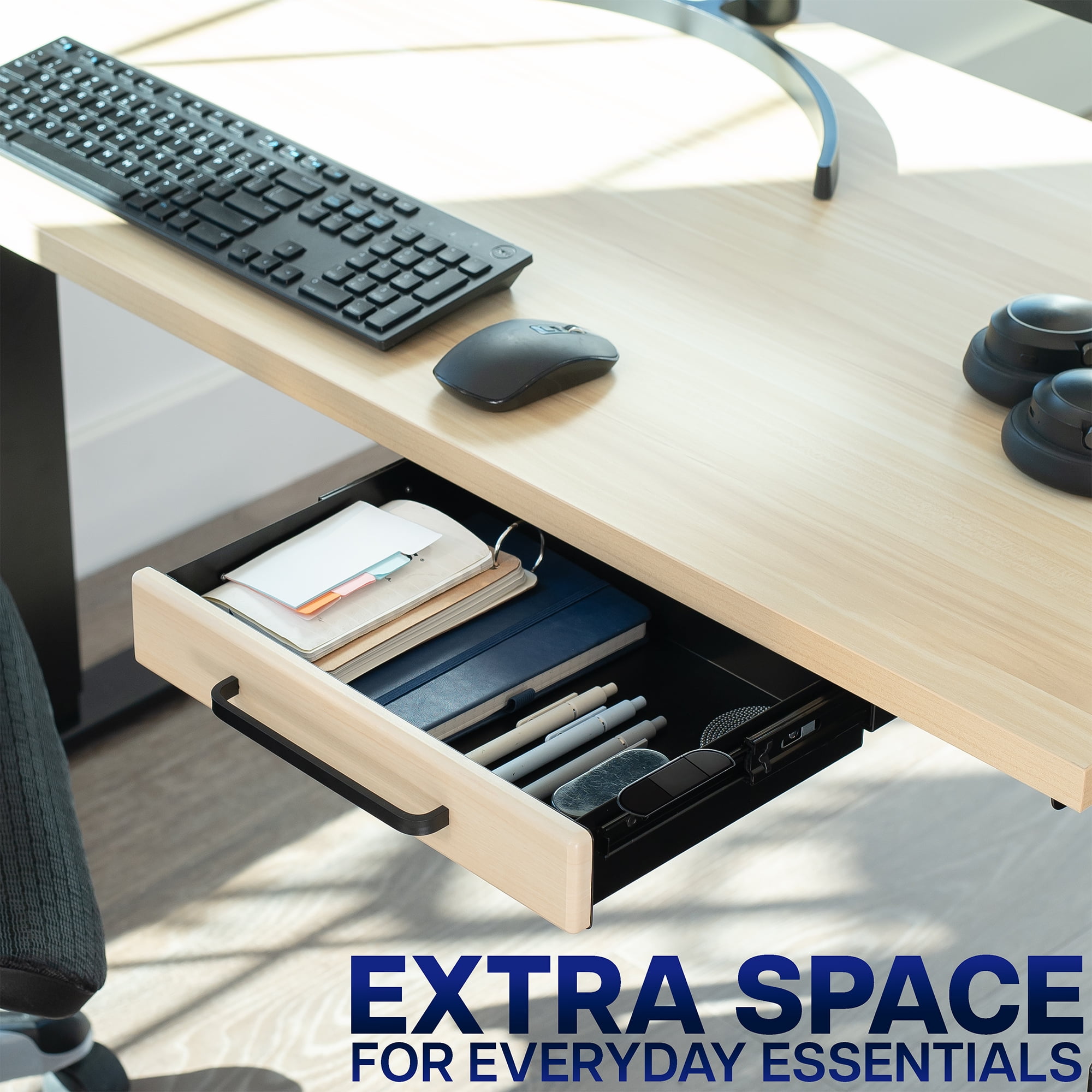 VIVO Light Wood Space Saver Sliding Under Desk Storage Drawer with Pull Handle