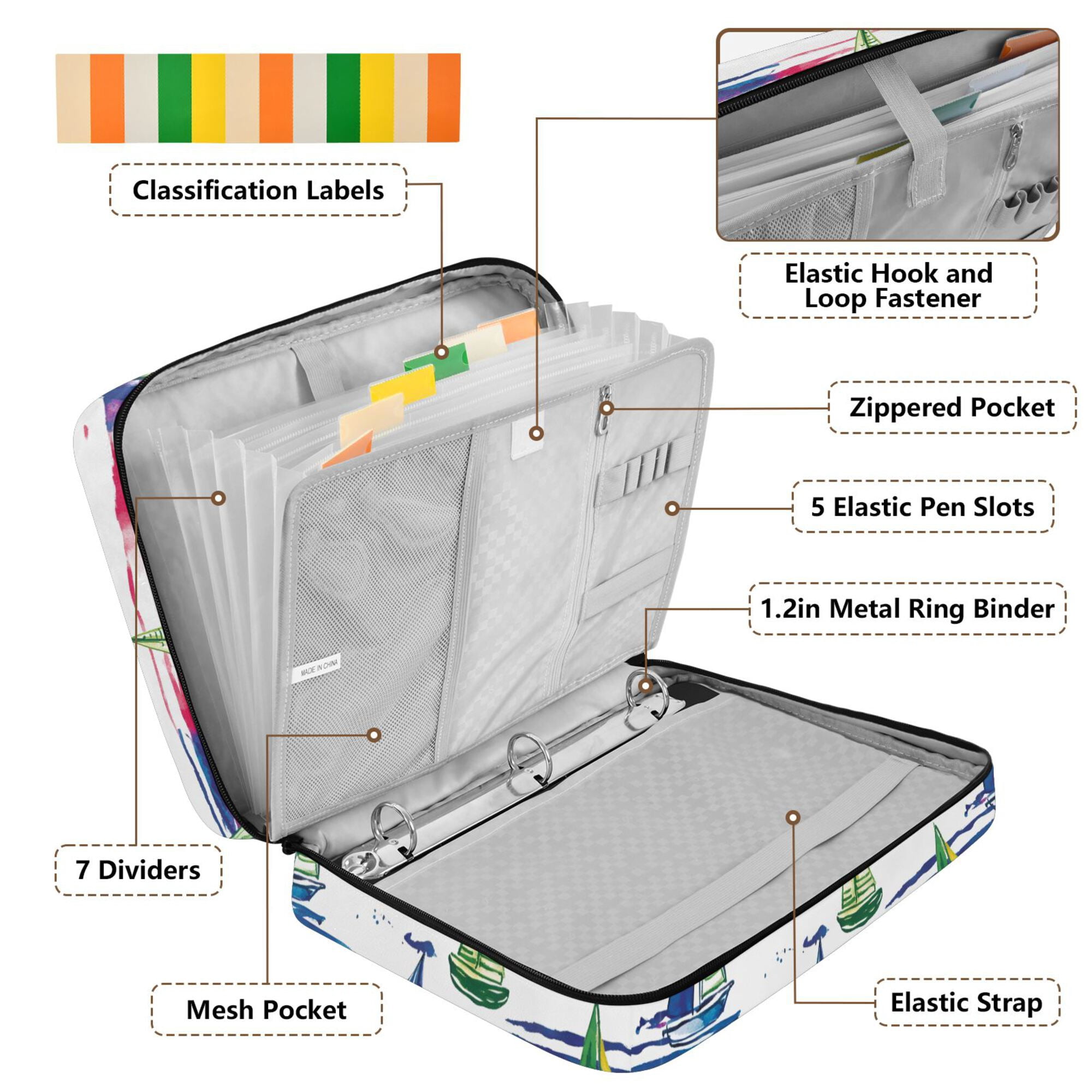 FORMRS Accordion File Folder A4 Size 7-Pocket Expanding Document Organizer Bag with 3 Ring Binder, Hand Drawn Sailboats