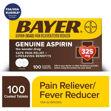 Genuine Bayer Aspirin Pain Reliever / Fever Reducer 325mg Coated Tablets, 100 Count