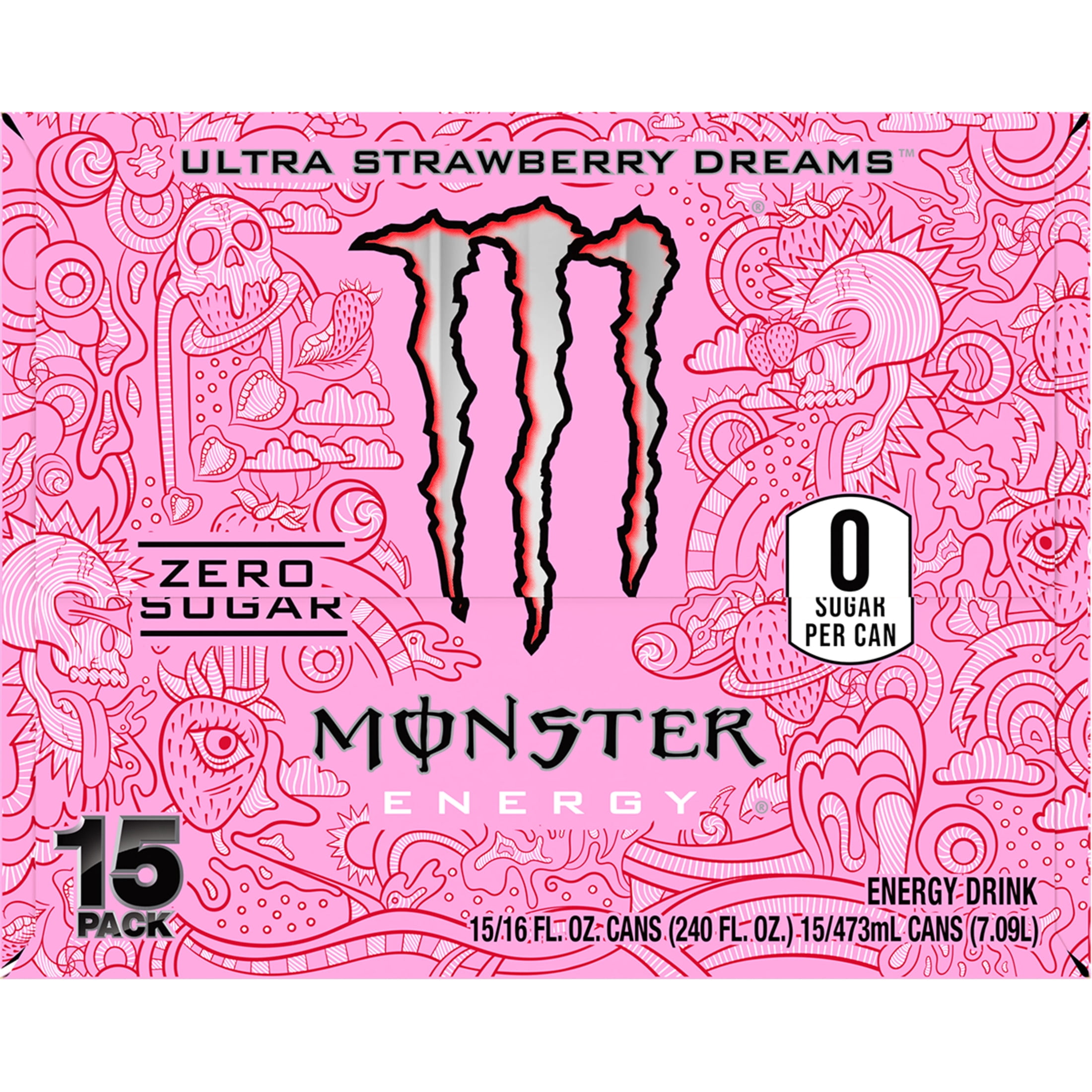 Monster Energy Ultra Strawberry Dreams Energy Drink, Zero Sugar, 15-Pack, 16 Oz Cans