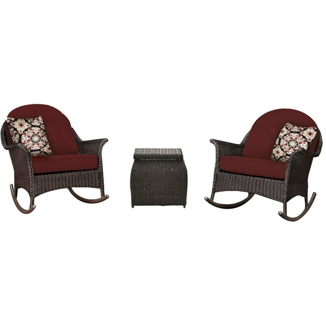 Hanover Sun Porch 3-Piece Resin Rocking Chair Set with 2 Handwoven Rocking Chairs, Side Table, and Plush Crimson Red Cushions