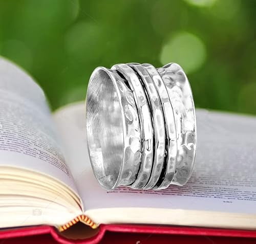SS DESIGNS Silver Spinner Ring 925 Sterling Silver Three Tone Band with Hammered Finish, Meditation Fidget Spinner Ring for Womenâ€™s Stress Relief