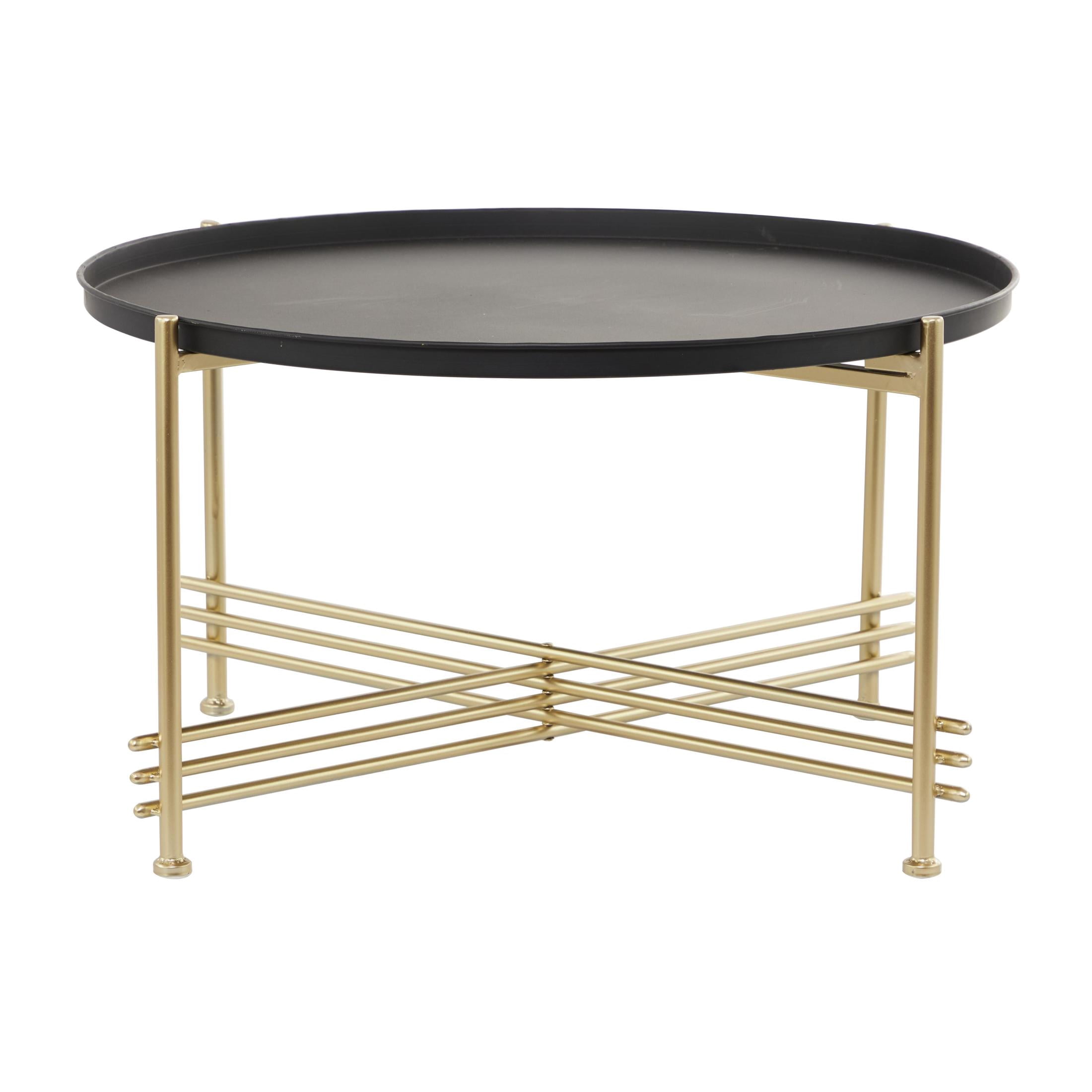 DecMode 33" x 19" Black Metal Tray Top Coffee Table with Gold X-Shaped Base, 1-Piece