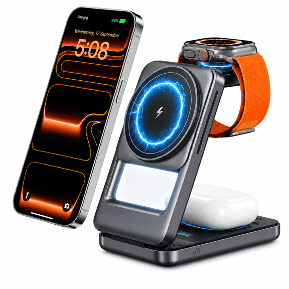 Magnetic Wireless Charging Station: 2026 Upgraded 3 in 1 Charging Stand for iPhone 17 16 15 14 13 12 Pro Max Plus Watch & AirPods, Foldable Wireless Charger with Light for Desk