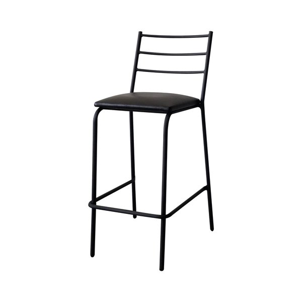 banco bar barra cafe restaurante cocina apilable durex durex furniture bar-b2 Banco alto para barra negro con estructura tubular metálica, respaldo de tres barras horizontales y asiento acolchado liso; apilable, ideal para bares, cafeterías o restaurantes.