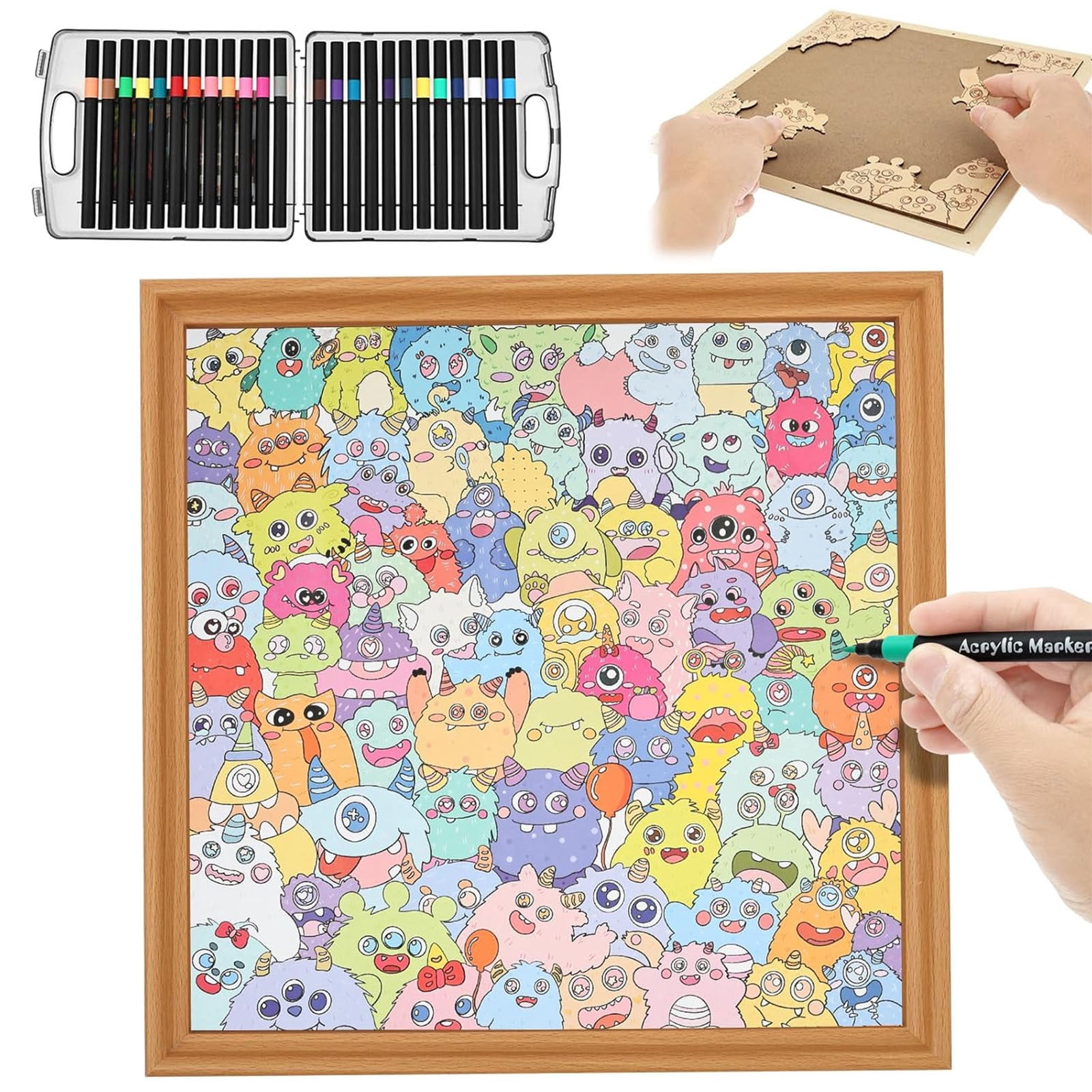 Diy Wooden Coloring Puzzle Kit Creative Assembly Art Set, Hand Paint Puzzle Frame Craft Activity, Wooden Drawing Board With Color Pens Glue Kit, Educational Puzzle Art Home Decor Gift Idea