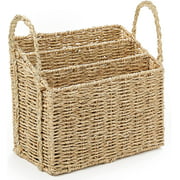 Americanflat Seagrass Magazine & Newspaper Storage Basket - Decorative Handwoven Wicker for Organizing at Home - 3 Rectangular Compartments (Natural Color)