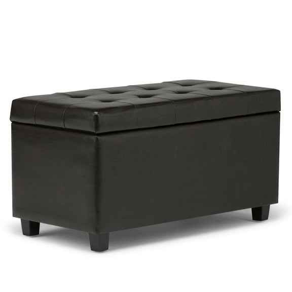 Storage Ottoman Rectangle 34" Wide, Tufted Top, Solid Wood Frame - Brown Vegan Leather