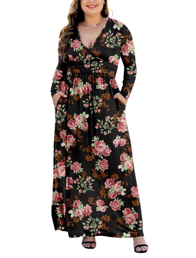 PCEAIIH Women's Plus Size Causal Maxi Dresses with Pockets Long Sleeve