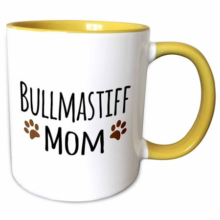 

3dRose Bullmastiff Dog Mom - Doggie by breed - brown muddy paw print love - doggy lover - proud pet owner - Two Tone Yellow Mug 11-ounce